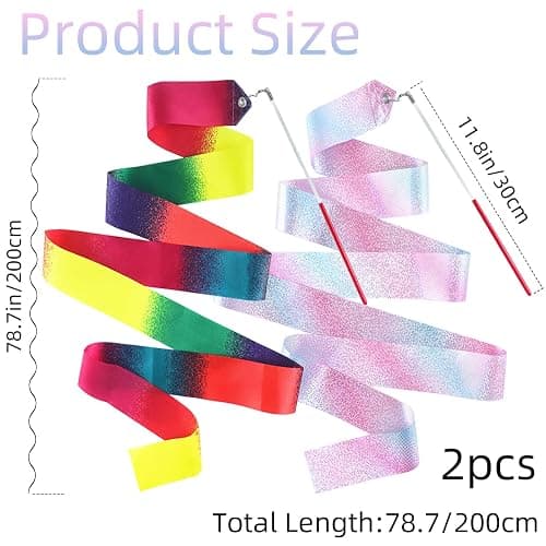2 Pcs Dance Ribbons, 78.7" Sparkly Gymnastics Ribbon Wands for Kids Adults | Twirling Ribbons for Ballet and Rhythmic Gymnastics with Star Gradient Colors, Birthday Party Decor and Non-Slip Handle thumbnail 2