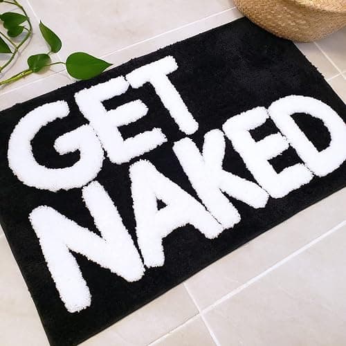 New Mungo Get Naked Bath Mat - Black Cute Bathroom Rugs with White Letters for Apartment Decor - Funny Black - Get Naked Rug for Bathroom - 31" x 20" thumbnail 5