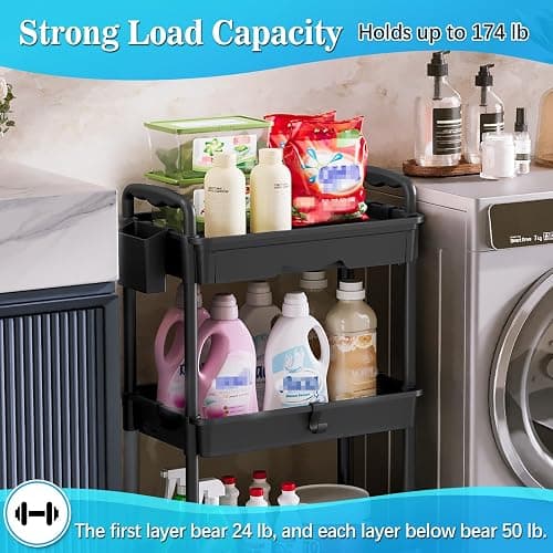 SUNALLY 3 Tier Rolling Cart with Drawer, Craft Storage Cart Organizer,Black | Bathroom Storage Organizer with 2 Lockable Wheels, Rolling Utility Cart for Kitchen, Office, Baby, Makeup, Nail,Snack,Laundry thumbnail 5
