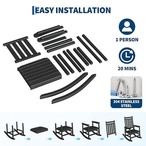 Garvee HDPE Rocking Chair Outdoor Set of 2 with Side Table - Poly High Back Porch Rocker Chairs for Adults - All Weather Resistant Furniture for Patio Front Porch - Black thumbnail 6