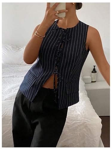 MakeMeChic Women's Striped Bow Tie Front Blouse Crew Neck Sleeveless Vest Top thumbnail 2
