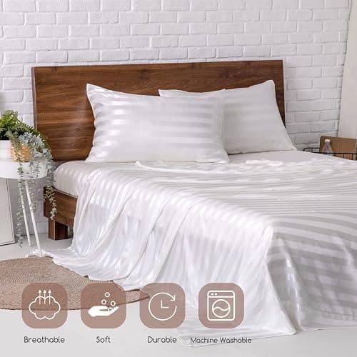 MR&HM Satin Bed Sheets, Twin Size Sheets Set, 3 Pcs Silky Bedding Set with 15 Inches Deep Pocket for Mattress (Twin, Ivory Striped) thumbnail 7