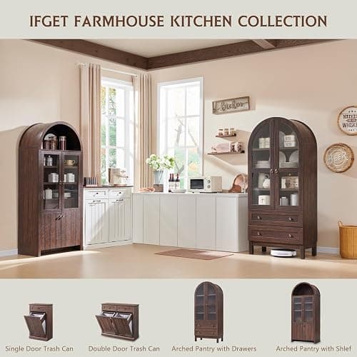 IFGET 71" Tall Arched Kitchen Pantry Cabinet, Wood Kitchens Storage Cabinets with 2 Large Drawers and Adjustable Shelves, Modern Farmhouse Versatile Cupboard for Kitchen, Dining Room, Bathroom, Brown - 1 - Brown thumbnail 6