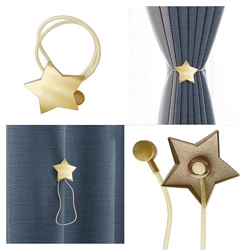 Magnetic Curtain Tiebacks Clips Decorative Rope Holdbacks 1 Pair Gold Moon and Star Shape Window Curtain Drape Tie Backs for Window Draperies Hold, Bedroom Home Décor (1pc Moon +1pc Star) thumbnail 7