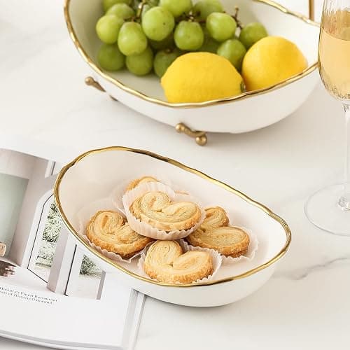 HOMKULA Ceramic Fruit Bowl for Kitchen Counter - 3 Tier Fruit Basket with Metal Stand, Tiered Fruit Stand for Countertop, Snack, Nuts, Cake, Dessert, Small & Cute (Gold-rimmed) thumbnail 6