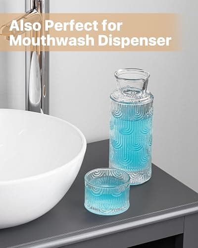 DmmyAlzx Bedside Water Carafe and Glass Set, Mouthwash Dispenser for Bathroom, 21.6 Oz Glass Water Bottles with 6 Oz Drinking Cup as Lid, Pitcher for Nightstand (Clear) thumbnail 6