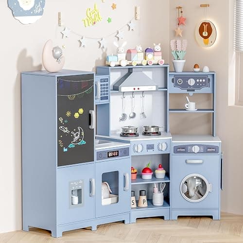 MAMIZO Wooden Corner Play Kitchen, Extra-Large Interactive Kids Kitchen Playset w/Lights & Sounds, Blackboard, Washing Machine, Ice Maker & 7 Accessories, Ultimate Pretend Toy Kitchens for Toddler thumbnail 8