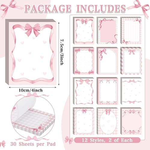 24 PCS Coquette Pink Bow Sticky Notes Watercolor Cute Self Stick Notepad Pink Ribbon Bow to Do List Memo Pads Preppy Writing Paper for Party Favors School Rewards Gifts Home Office Supplies thumbnail 3