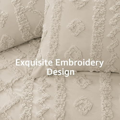 Queen Size Comforter Set- 7 Pieces Tufted Bed in a Bag Queen Bedding Sets | All Season Shabby Chic Boho Bedding with Comforter, Sheets, Pillowcases & Shams, Beige thumbnail 8