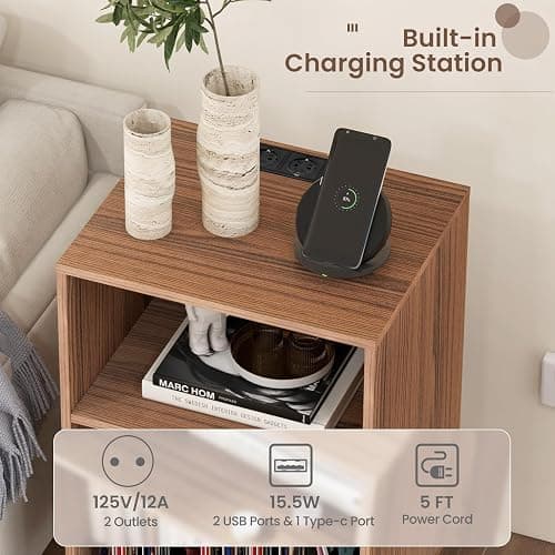 KOMFOTTEU Meuble Platine Vinyle avec 2 Prises Standard européenne, 1 USB,1 Type-C, Meuble Tourne-Disque, 5 Casiers, Table d’Appoint Multifonction, Pieds Métals, 48 x 40 x 88 cm (Couleur Noye) thumbnail 5