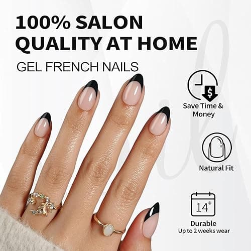 SHANGMENG Black French Tip Press on Nails Almond - Soft Gel Short Press on Nails for Women Gift, Fit Perfectly & Natural Reusable Stick on Nails in 16 Sizes - 32 Fake Nails with Glue, French Black thumbnail 2