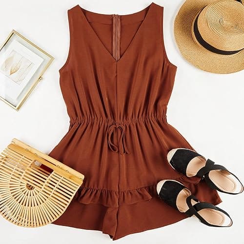 Valphsio Womens V Neck Beach Tank Rompers Flowy Ruffle Layered Shorts Jumpsuit High Waist thumbnail 4