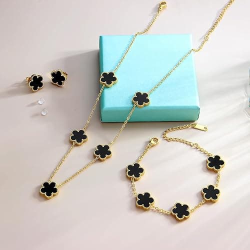 AmorArtSky Lucky Clover Jewelry Set - 18K Gold Plated Flower Design Five Leaf Bracelet, Necklace Pendant, Earrings for Women - Lucky Gifts for Mom, Wife, Daughter, Friends thumbnail 3