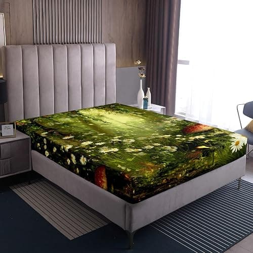 Erosebridal Magic Fitted Sheet Mushroom Fitted Sheet Twin Size Daisy Leaves Branches Sunset Nature Bedding Set Trippy Style Fairy Tale Theme Bed Cover Home Room Decorative thumbnail 7