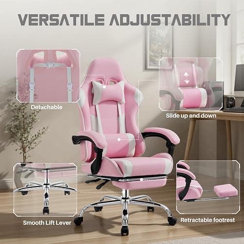 DUMOS Ergonomic Gaming Office Desk Chair with Footrest and Headrest for Adults, PU Leather Video Computer Chair with Linkage Armrests, Height Adjustable 360° Swivel Recling Chair, White Pink thumbnail 5
