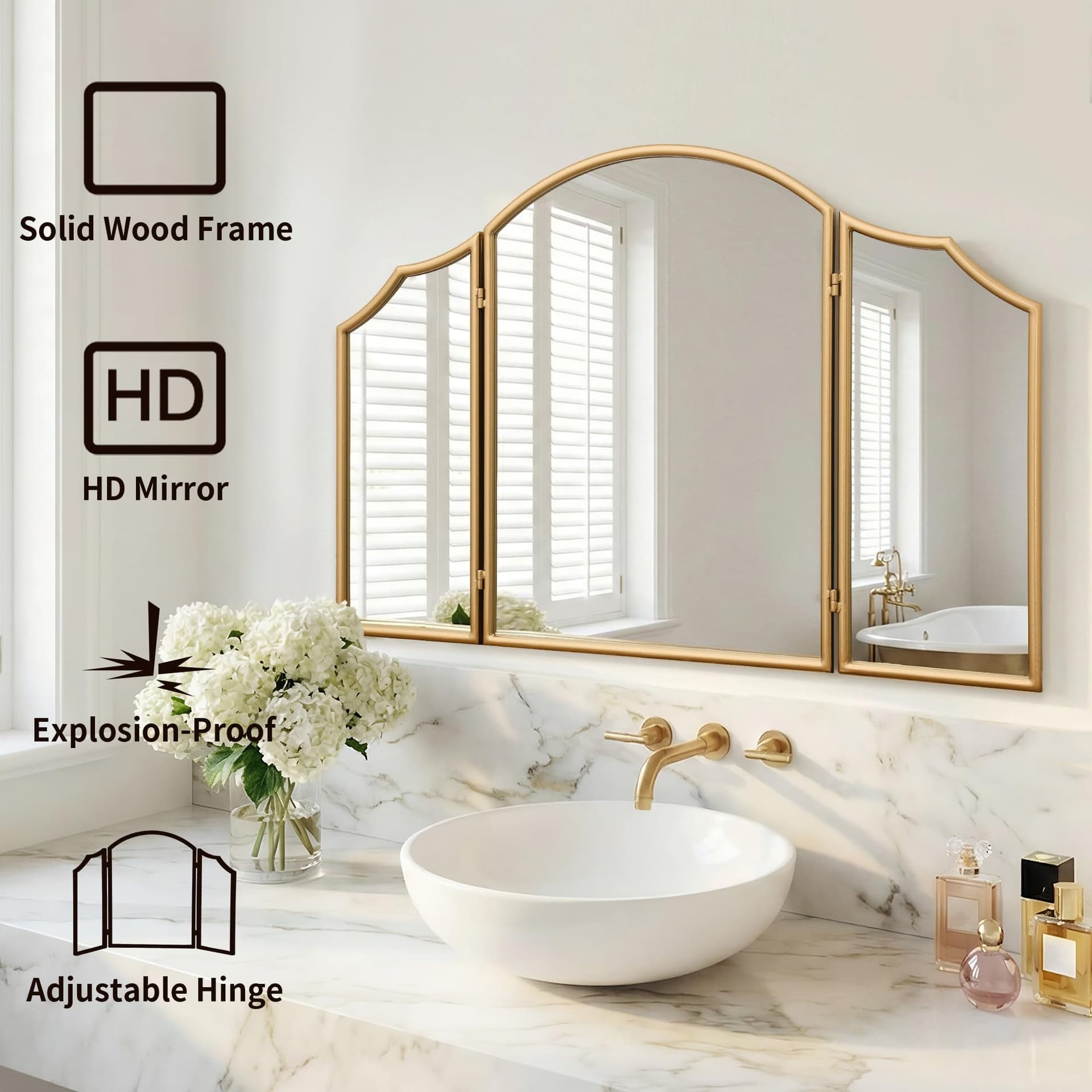 Besdomus Gold Scalloped Vanity Mirror: 36"x24" Large Modern Three Sided Dresser Miror - Minimalist Wood Frame 3 Way Trifold Mirrors for Bedroom/Cloakroom/Dressing Room - Home Decor for Housewife thumbnail 3