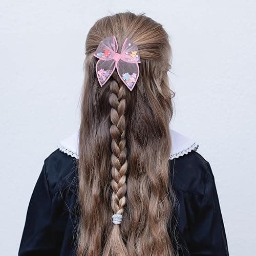 Floral Butterfly Fairy Hair Bow Clips 4" for Girls Women, 2pc Pink Mesh Tulle Shaker Fable Bow Alligator Hairpins, Spring Summer Birthday Wedding Party Dress Accessory Gift thumbnail 4