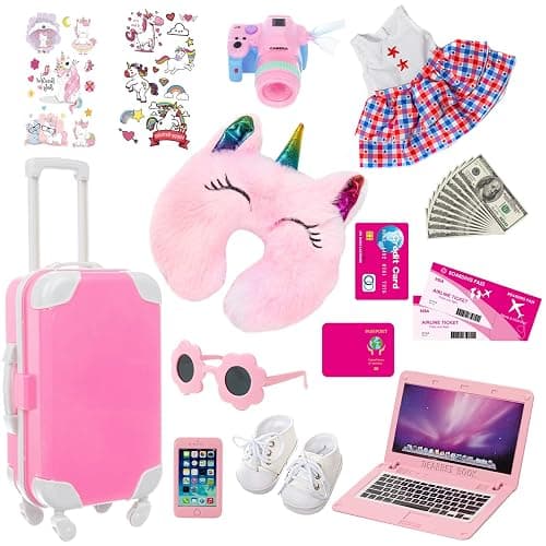ZQDOLL American 18 inch Doll Clothes and Accessories - Travel Suitcase Play Set Including Suitcase Clothes, Shoes, Sunglasses, Camera, Unicorn Pillow, for 18 inch Doll(No Dolls) thumbnail 4