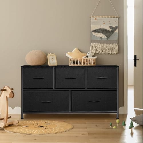 Sonharlar Dresser for Bedroom with 5 Drawers, Chest of Drawers, Storage Drawers Organizer Unit, Black Wide Fabric Dresser with Fabric Bins for Closet, Living Room, Bedroom (Charcoal Black) thumbnail 8
