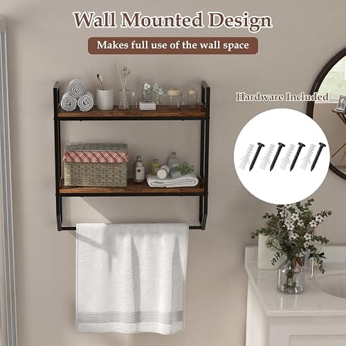 LOKO 2-Tier Bathroom Towel Rack with Shelf, Industrial Over The Toilet Shelf with Towel Bar, Wall Mounted Hanging Shelf with Towel Holder, Rustic Storage Organizer Shelves for Living Room, Kitchen thumbnail 5