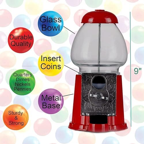 Gumball Machine for Kids 9" - Heavy Duty Metal with Glass - Christmas Antique Style Bubble Gum Machine - Kids Coin Operated Toy Bank for USA Coins - Candy Dispenser - Playo thumbnail 2