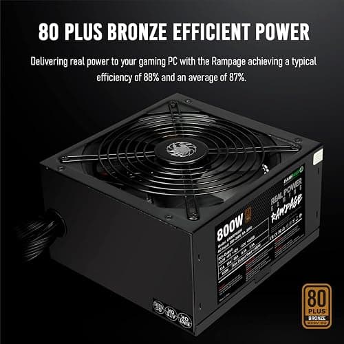 GameMax 800W Rampage Power Supply, Non-Modular, APFC, Japanese Tk Main Capacitor, 80 Plus Bronze, 88% Efficiency, 14cm Cooling Fan, Real Power Gaming | Black thumbnail 2