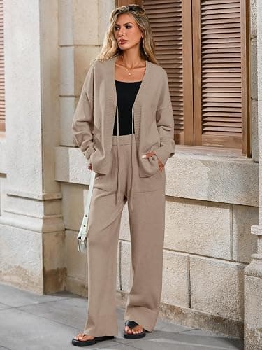 Tankaneo Womens 2 Piece Sweater Sets Oversized Tie Front Cardigan Elastic Waist Pants 2025 Matching Loungewear thumbnail 2