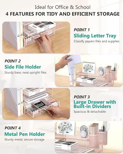 WALI Desk File Organizer, 4 Tier Desktop Paper Letter Tray Organizer with Drawer and 2 Pen Holders, Office Desk Accessories & Workspace Organizers for Office, Home Supplies(DO005DH-P), 1 Pack, Pink thumbnail 5