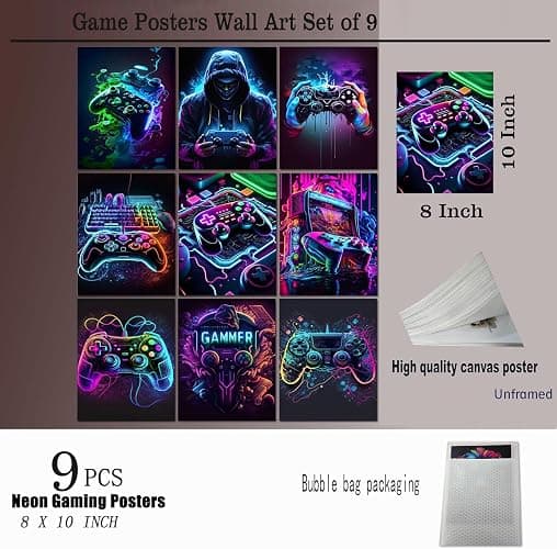 Ucninvd Game Posters Wall Art Set of 9, Neon Gaming Wall Decor Game Room Decor Paintings, Video Gamer Accessories Canvas Picture Prints for Boys Gamer Teen Room Bedroom Decor 8x10In Unframed thumbnail 3