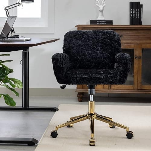 Beuiosda Faux Fur Vanity Makeup Desk Chair, Comfy Upholstered Office Chair with Wheels and Gold Metal Base, Modern Accent Swivel Vanity Chair Adjustable High, Chassis Can Be Tilted 40° (Black) thumbnail 6