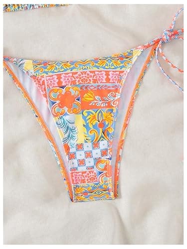 QJQ Women's 2 Piece Bikini Sets Floral Boho Halter Triangle Bathing Suit Tie Side Sexy Cheeky String Swimsuit thumbnail 4