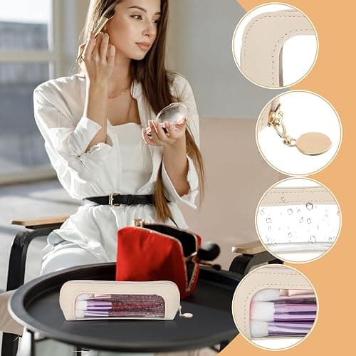 Clear Makeup Bag, Portable Transparent Cosmetic Organizer, PU Leather Makeup Brush Holder, Waterproof Travel Toiletry Pouch with Zipper for Women, Slim Makeup Case for Home, Office, Travel(Beige) - Beige thumbnail 4