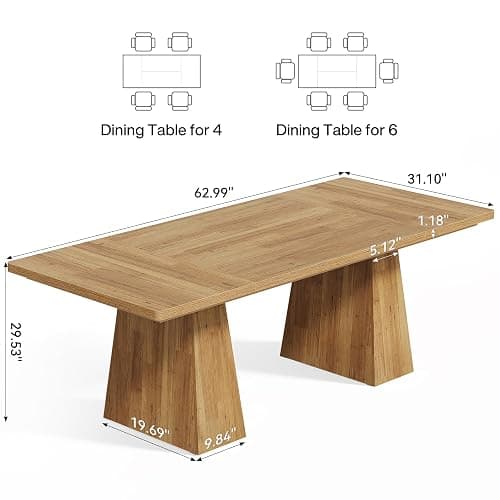 LITTLE TREE Dining Table for 6 People, Wooden Dining Table, Rectangle Table with Heavy Duty Legs, Modern Dining Table for Kitchen, Dining Room, Light Brown thumbnail 2