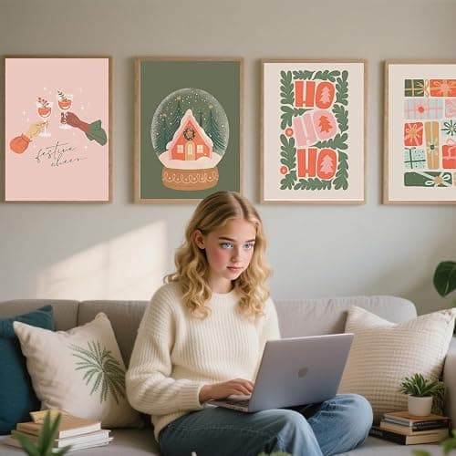 EVER-GOING TUNE Vintage Christmas Wall Art，Minimalist Boho Xmas Aesthetic Poster,Trendy Holiday Christmas Poster for Xmas，Decor for Xmas Tree Winter Gallery Living Room Bathroom Wall 8x10in，UNFRAMED thumbnail 4