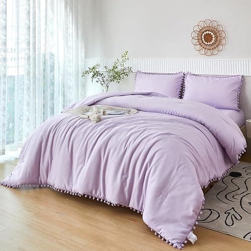 PERFEMET 5 Pieces Lavender Purple Comforter Set Twin Aesthetic Boho Solid Bed Comforter Sheet Set with Pompoms Soft Microfiber Light Purple Bed in A Bag for Girls Kids(Lavender, Twin) - Image 1