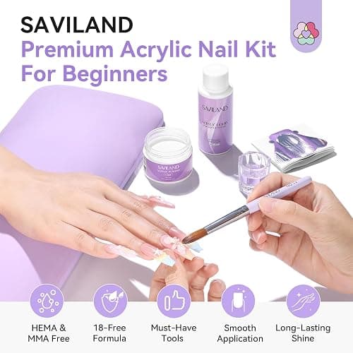 SAVILAND Acrylic Nail Kit for Beginners, Home Practice Set | Includes 30g Clear Acrylic Powder and Liquid, #12 Brush, Forms, File, Dappen Dish, For Extensions & 3D Nail Art Sculpting thumbnail 2