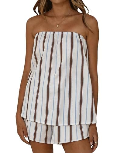 JEIBKOUY Women 2 Piece Matching Sets Striped Tube Top Shorts Sets Summer Vacation Outfits Y2K Going Out Tops - Image 1