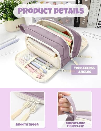 SUNEE Cute Pencil Case, Aesthetic Pen Pouch with 3 Compartments, Kawaii Colored Large Pencil Bag with Zipper, Stationery Storage and Organizer, Purple School Supplies for Teen and Adult Girls thumbnail 4