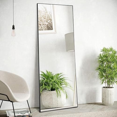 Sweetcrispy Full Length Mirror with Stand, 59"x17" Floor Mirror with Aluminum Alloy Frame for Bedroom, Standing Full Body with Shatter-proorf Nano Glass for Wall, Living Room, Cloakroom (Black) - Image 1