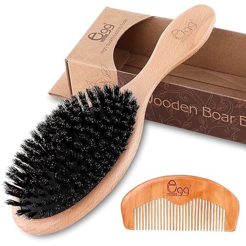 BLACK EGG Boar Bristle Hair Brush for Women Men Kid, Soft Natural Bristles Brush for Thin and Fine Hair, Restore Shine and Texture, Set includes Bamboo comb and 3 hair ties, Excellent Gift Idea - Image 1