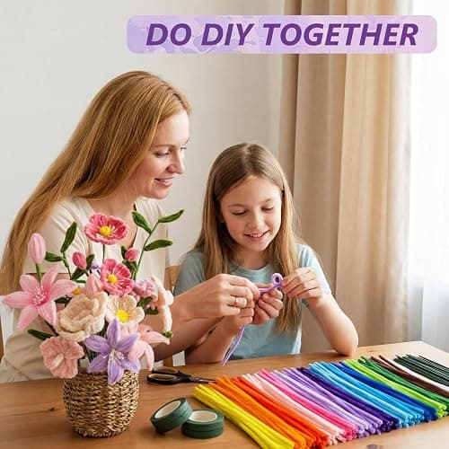 1050 PCS Pipe Cleaner Flower Kit, 15 Assorted Colors Pipe Cleaners Craft,Chenille Stems for DIY Flower Making Kit with Instructions,Floral Wires,Stamen& Ribbon,Art and Craft Supplies thumbnail 5