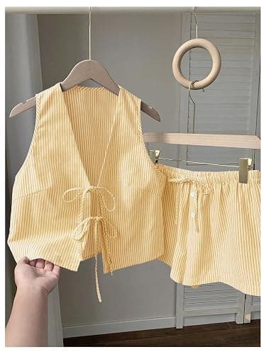 SweatyRocks Women's 2 Piece Summer Outfits Striped Tie Front Bow Sleeveless Top and Shorts Set thumbnail 4