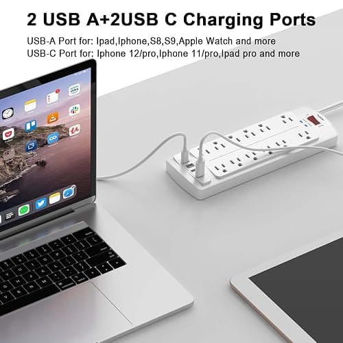 6 Ft Extension Cord Power Strip, Teiobar Surge Protector with 12 AC Outlets and 4 USB Ports for Home, Office, Dorm Essentials, 2700 Joules, ETL Listed, White thumbnail 3