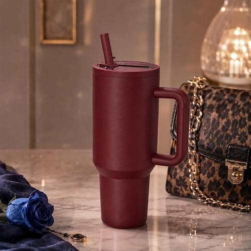 40oz Stainless Steel Insulated Tumbler with Handle & Straw Lid, Notable Red | Double-wall vacuum design, leak-proof lid, Keeps drinks cold & hot, perfect for shopping, commuting, fall travel, camping thumbnail 2