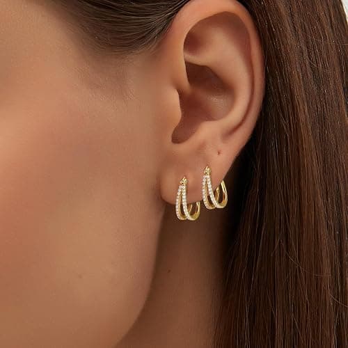 Hypoallergenic Hoop Earrings for Women, 14K Gold Plated Double Hoops Earrings with Cubic Zirconia Pave Cluster Lightweight Hoops Earrings for Lover Anniversary Birthday Christmas thumbnail 4