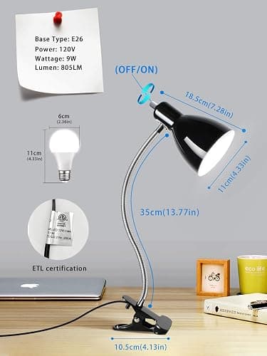 Desk lamp Eye-Caring Table Lamps, 360°Rotation Gooseneck Clip on Lamp Reading Light Portable Reading Book Light Clamp Study Desk Lamps for Bedroom and Office Home Lighting (Black) thumbnail 6