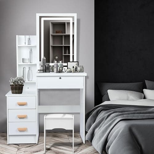 Vanity Desk with LED Lighted Mirror,Makeup Vanity Table with 4 Drawers for Bedroom Bathroom,Vanity Desk with Lights,Makeup Vanity with Mirror,Dressing Table with Drawers for Women Girls Gift (White) thumbnail 7