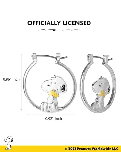 Peanuts Snoopy Earrings for Women Official License, Silver Flash-Plated Hoop Earrings with a Snoopy and Woodstock Accessory thumbnail 4