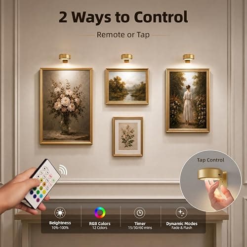 EZVALO Picture Lights for Wall, 2000mAh Rechargeable Battery Magnetic Poster Lights with 3 Color Temps & 12 RGB, Remote Dimmable Timer Painting Light, Wall Decor Light for Art Display, Frame (3 Pack) thumbnail 7