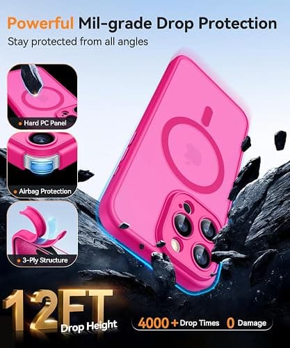 CANSHN Magnetic Compatible with iPhone 15 Pro Case, Upgraded [Full Camera Protection] [Compatible with Magsafe] [Translucent Matte] Shockproof Protective Phone Case Cover 6.1 Inch - Hot Pink thumbnail 7